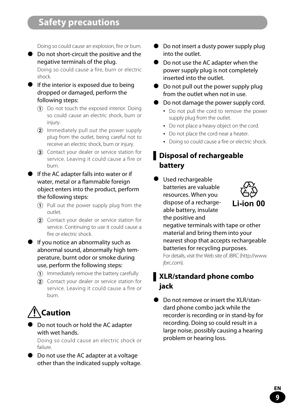 Safety precautions, F caution, Li-ion 00 | Disposal of rechargeable battery, Xlr/standard phone combo jack | Olympus LS-100 User Manual | Page 9 / 135