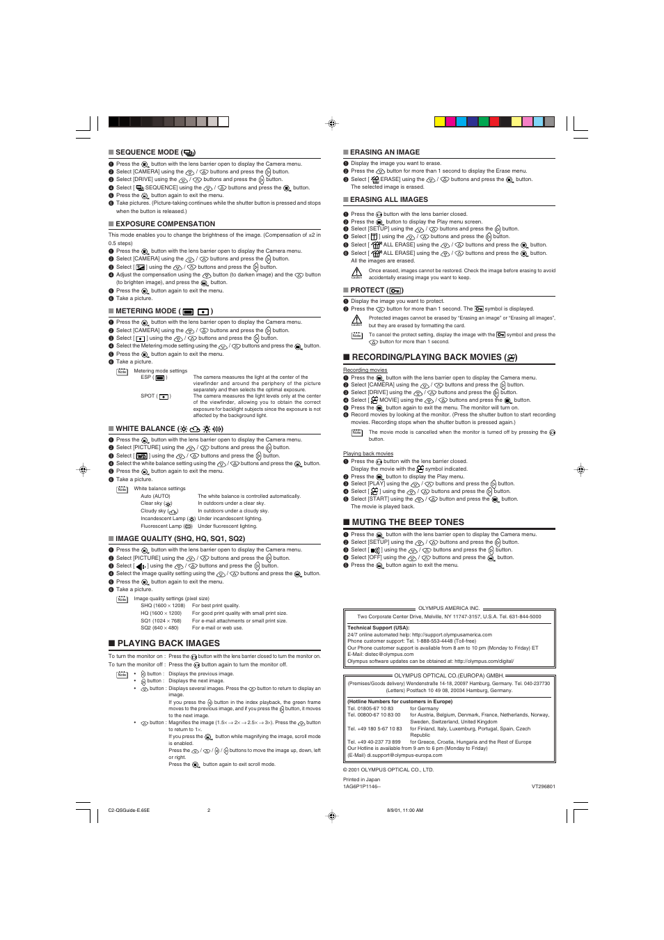 Playing back images, Recording/playing back movies ( ), Muting the beep tones | Olympus C-2 EN User Manual | Page 2 / 2