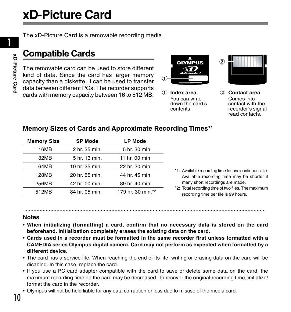 Xd-picture card, Compatible cards | Olympus DS-3300 User Manual | Page 10 / 94