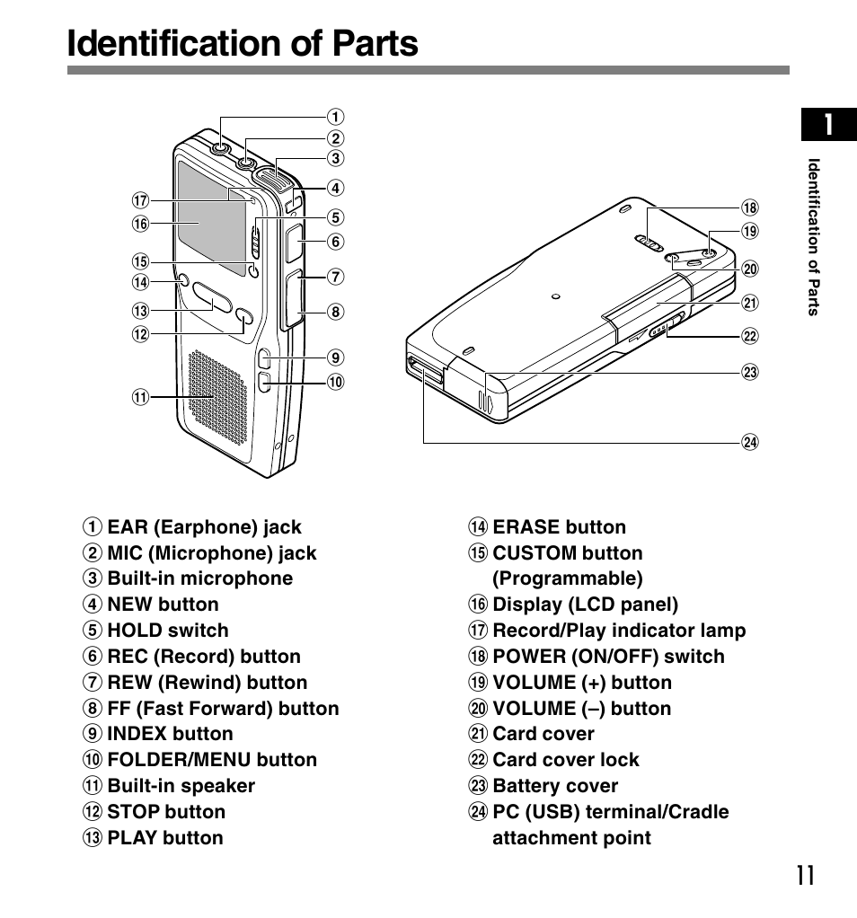 Identification of parts | Olympus DS-3300 User Manual | Page 11 / 94