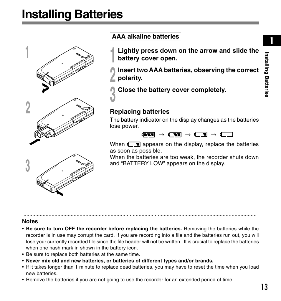 Installing batteries | Olympus DS-3300 User Manual | Page 13 / 94