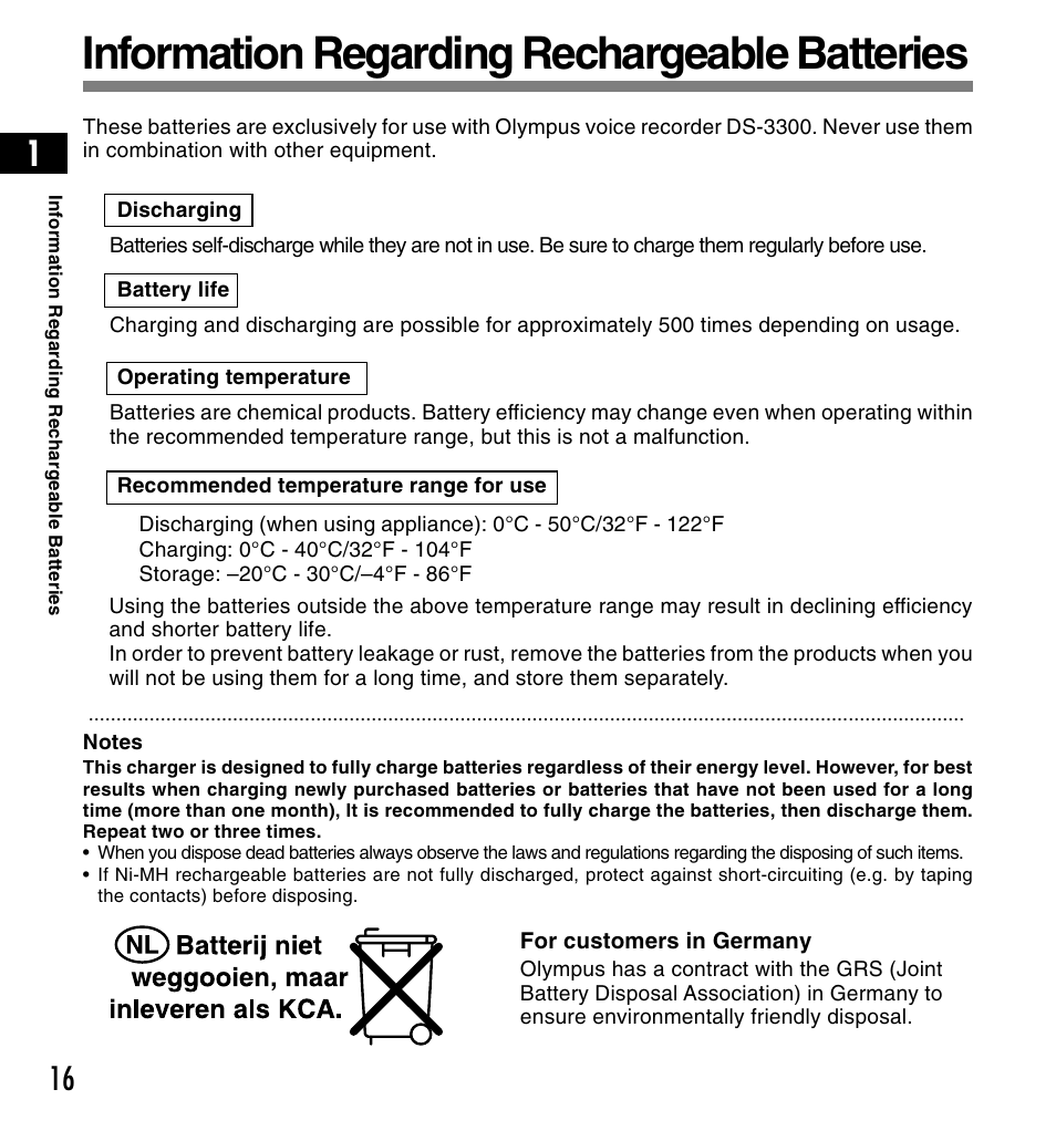 Information regarding rechargeable batteries | Olympus DS-3300 User Manual | Page 16 / 94