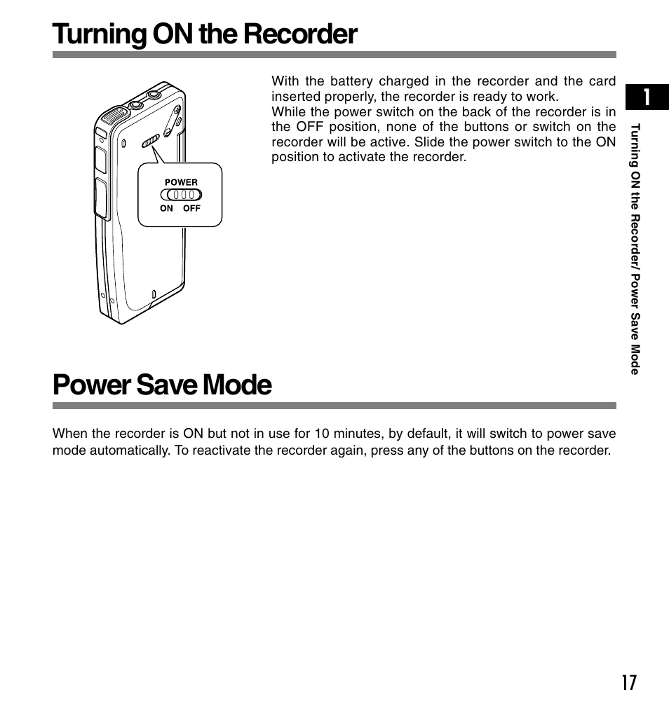 Turning on the recorder, Power save mode | Olympus DS-3300 User Manual | Page 17 / 94