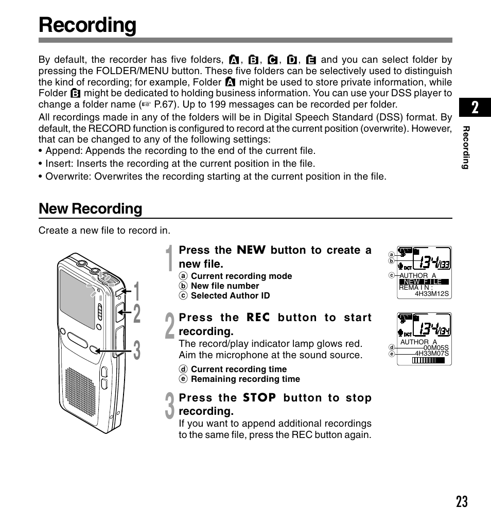 Recording | Olympus DS-3300 User Manual | Page 23 / 94