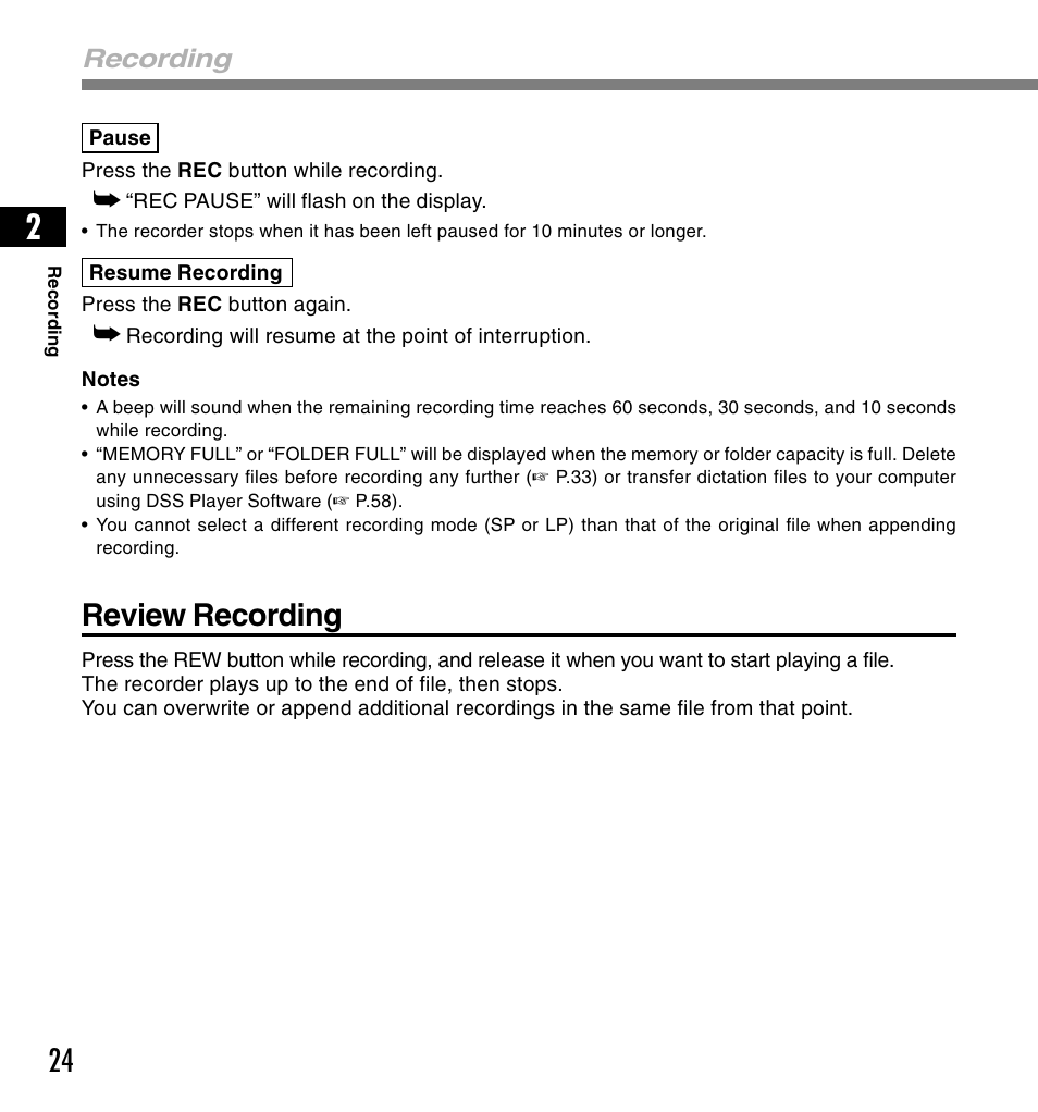 Review recording, Recording | Olympus DS-3300 User Manual | Page 24 / 94