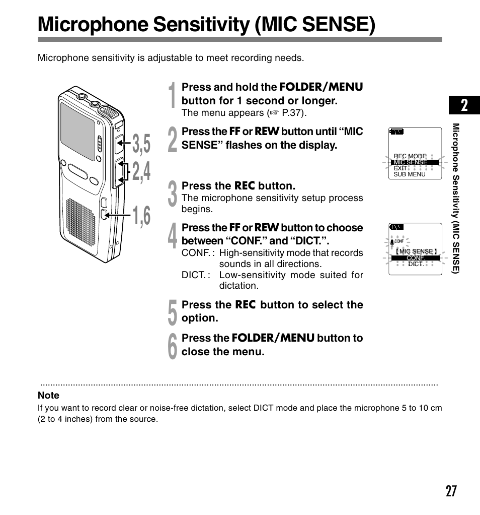 Microphone sensitivity (mic sense) | Olympus DS-3300 User Manual | Page 27 / 94