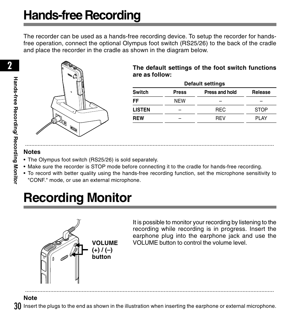 Hands-free recording, Recording monitor | Olympus DS-3300 User Manual | Page 30 / 94