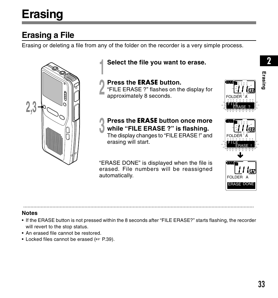 Erasing | Olympus DS-3300 User Manual | Page 33 / 94