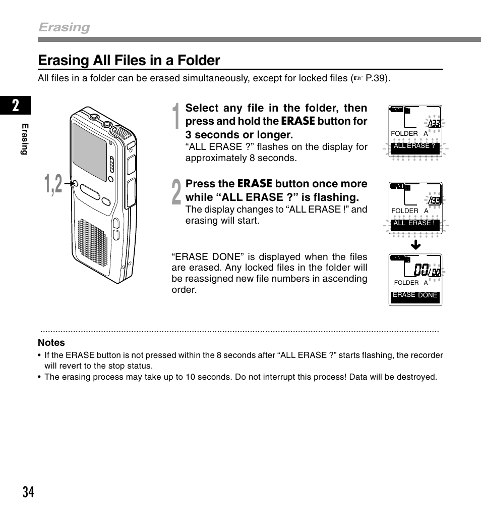 Erasing all files in a folder | Olympus DS-3300 User Manual | Page 34 / 94