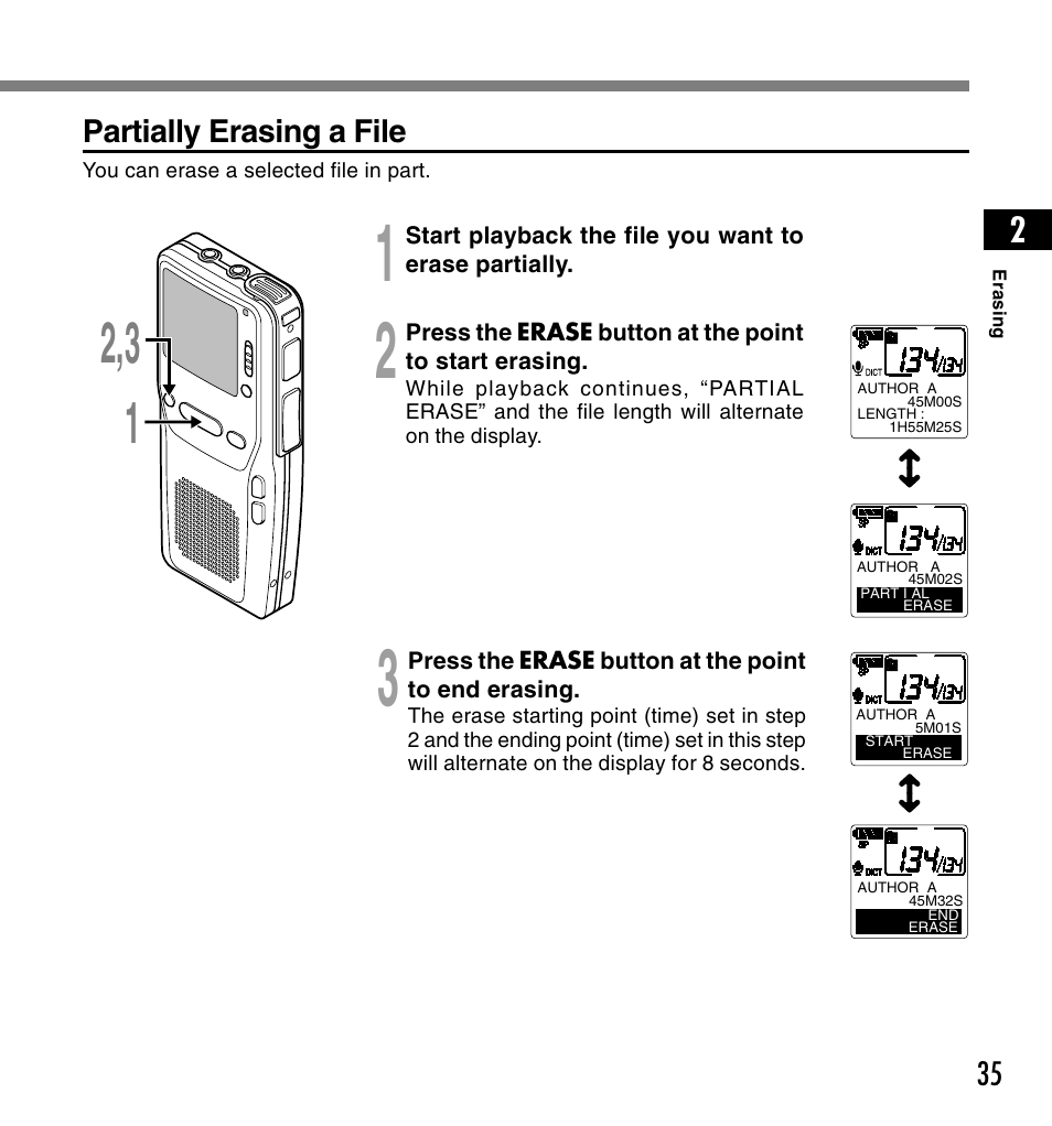 Partially erasing a file | Olympus DS-3300 User Manual | Page 35 / 94