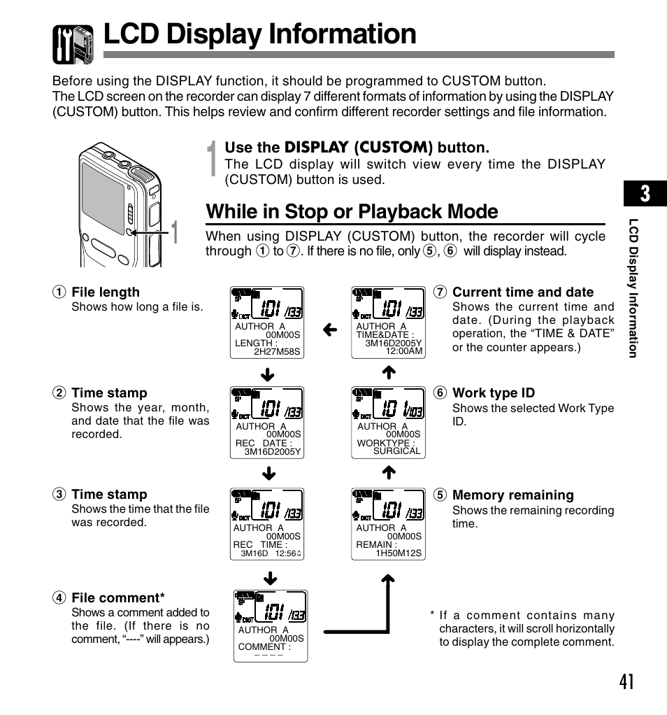 Lcd display information, While in stop or playback mode | Olympus DS-3300 User Manual | Page 41 / 94