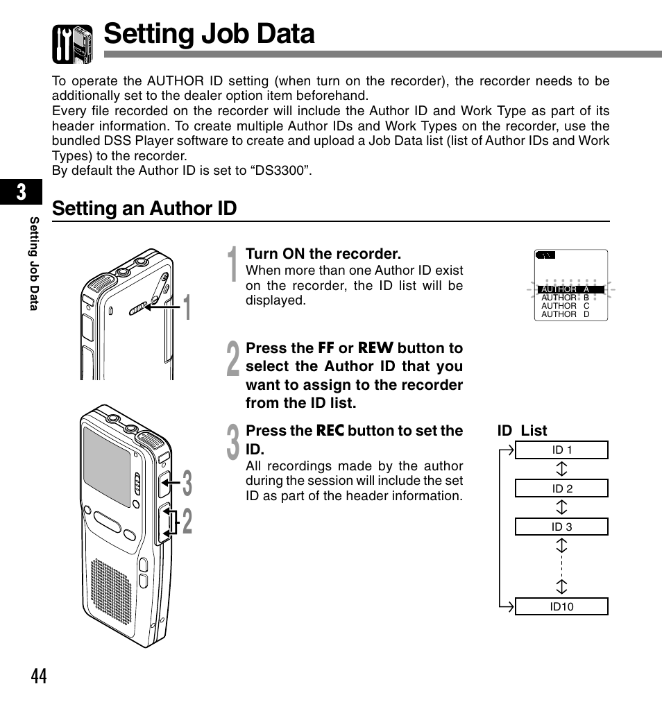 Setting job data | Olympus DS-3300 User Manual | Page 44 / 94