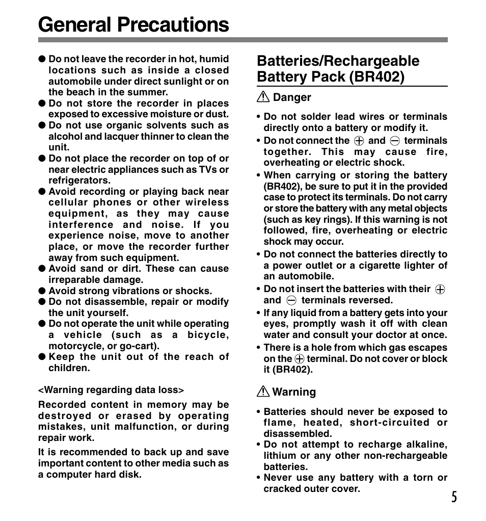 General precautions, Batteries/rechargeable battery pack (br402) | Olympus DS-3300 User Manual | Page 5 / 94
