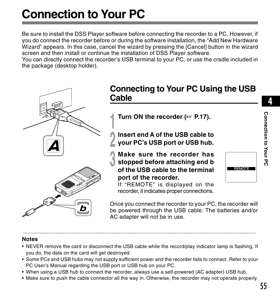 Connection to your pc | Olympus DS-3300 User Manual | Page 55 / 94