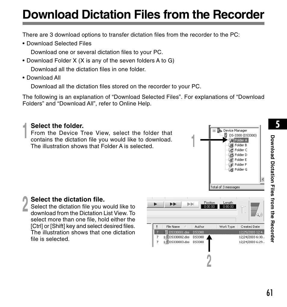 Download dictation files from the recorder | Olympus DS-3300 User Manual | Page 61 / 94
