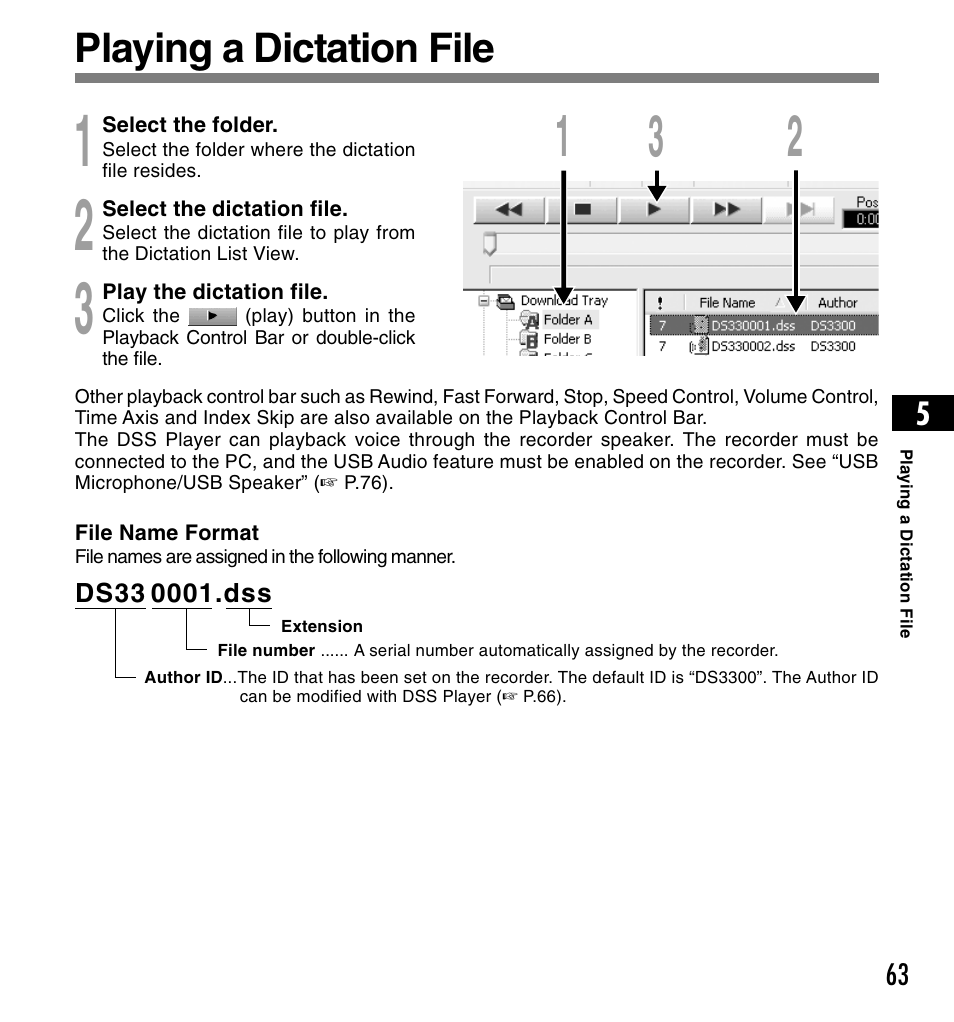 Playing a dictation file | Olympus DS-3300 User Manual | Page 63 / 94