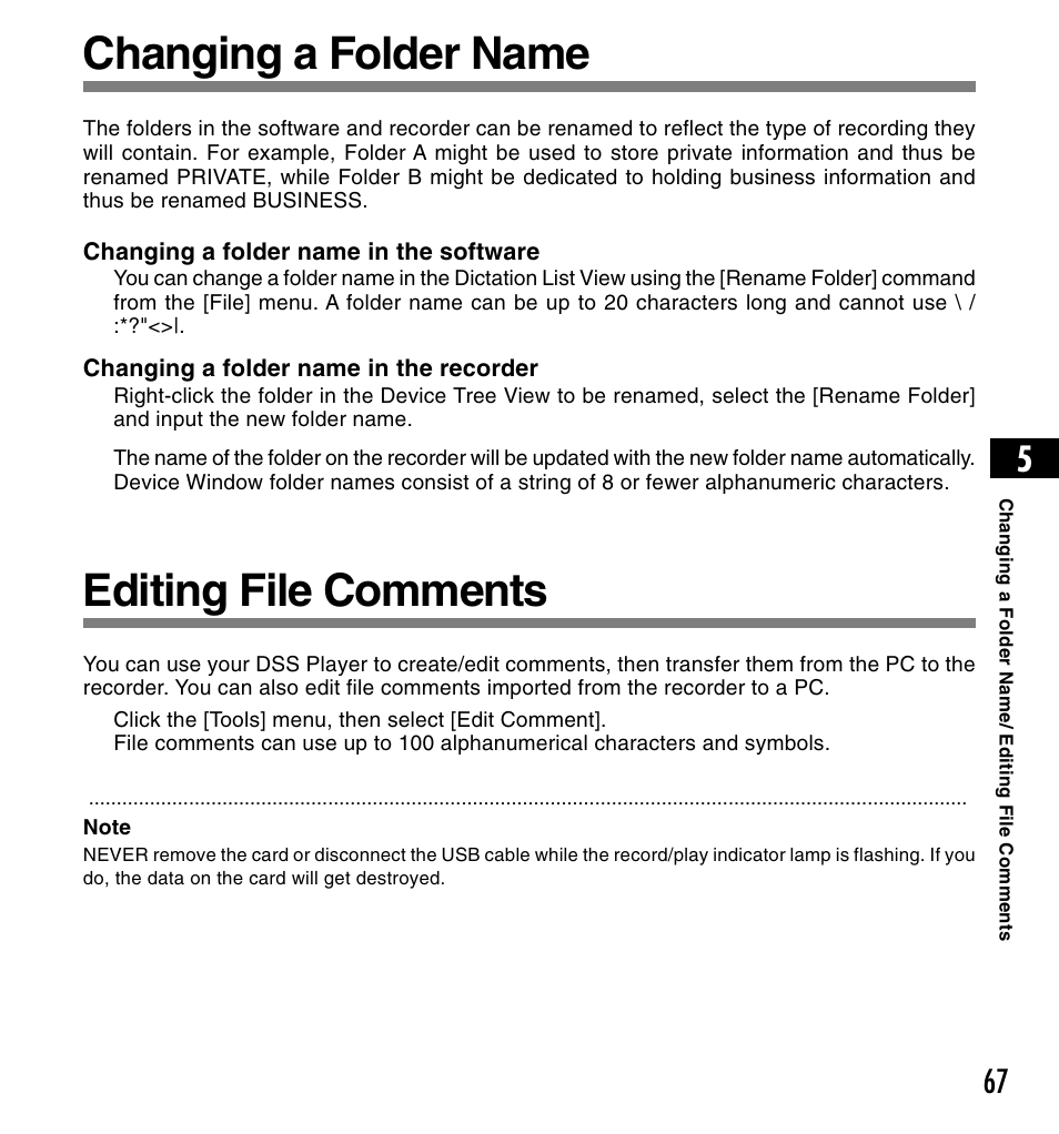 Changing a folder name, Editing file comments | Olympus DS-3300 User Manual | Page 67 / 94