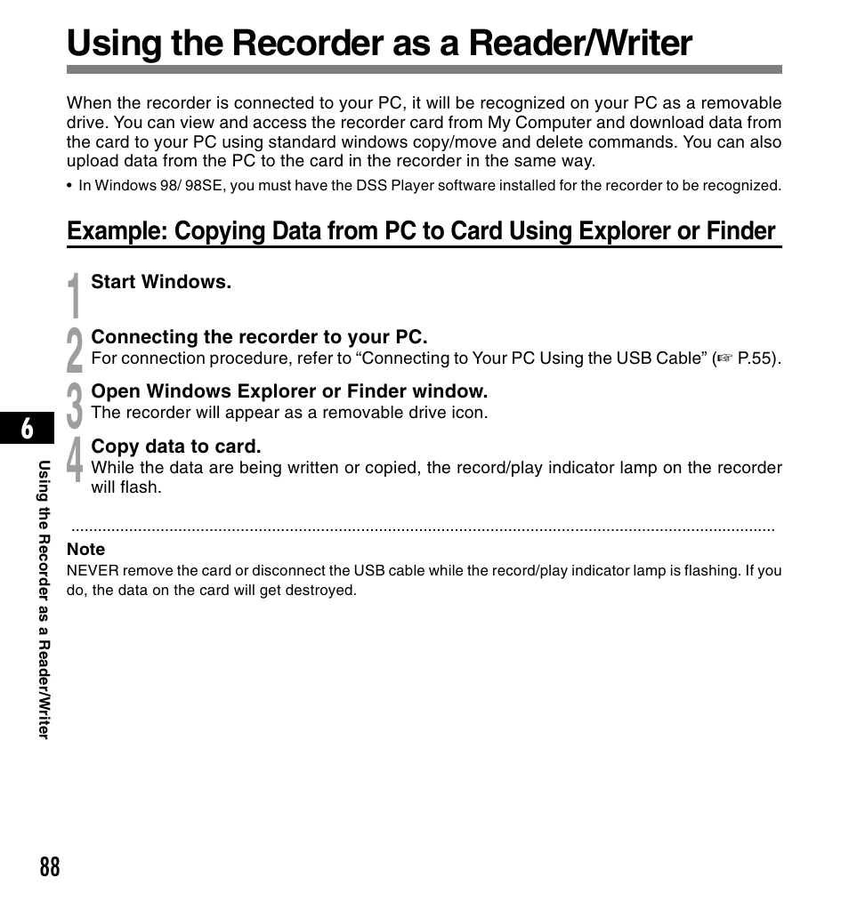 Using the recorder as a reader/writer | Olympus DS-3300 User Manual | Page 88 / 94