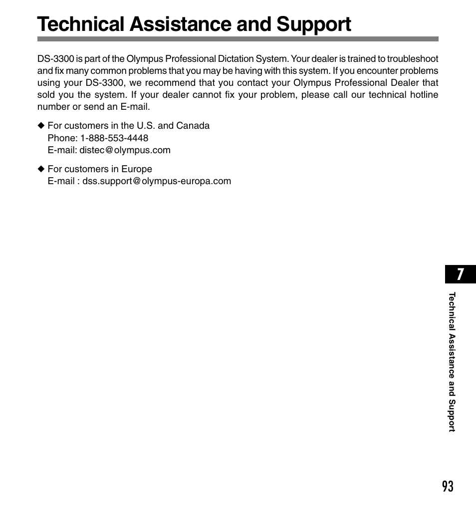 Technical assistance and support | Olympus DS-3300 User Manual | Page 93 / 94