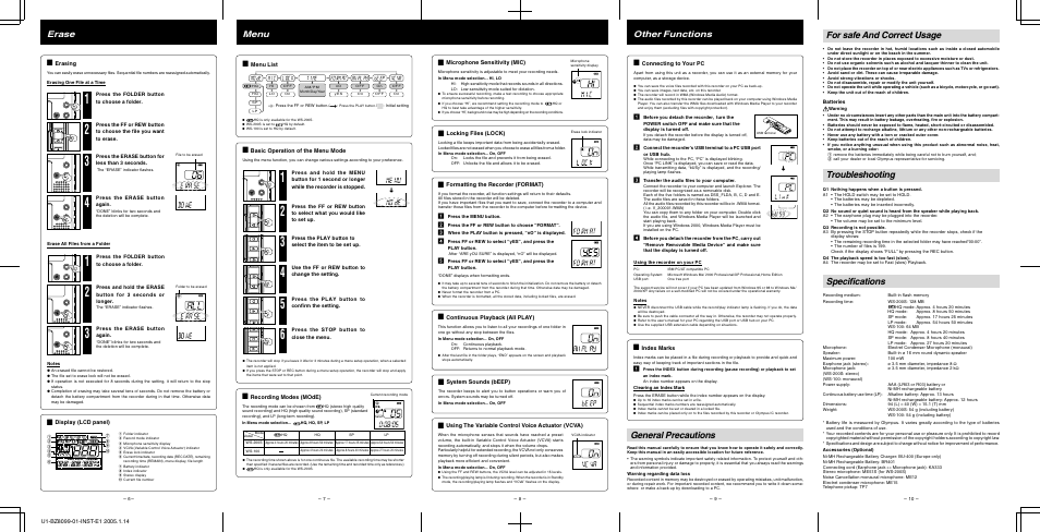 For safe and correct usage, Troubleshooting, Specifications | General precautions, Erase, Other functions, Menu | Olympus DIGITAL VOICE RECORDER WS-100 User Manual | Page 2 / 2