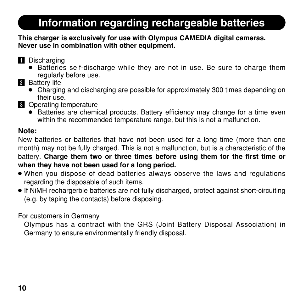 Information regarding rechargeable batteries | Olympus CAMEDIA BU-200 User Manual | Page 10 / 52