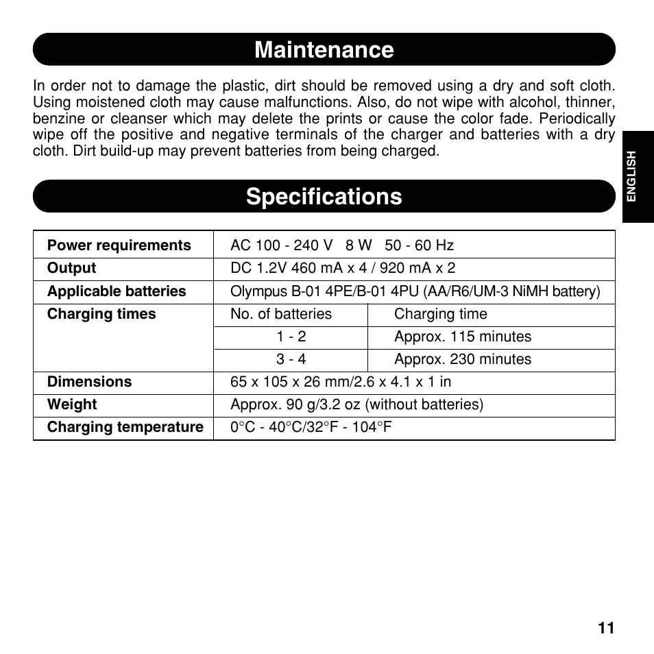 Maintenance, Specifications | Olympus CAMEDIA BU-200 User Manual | Page 11 / 52