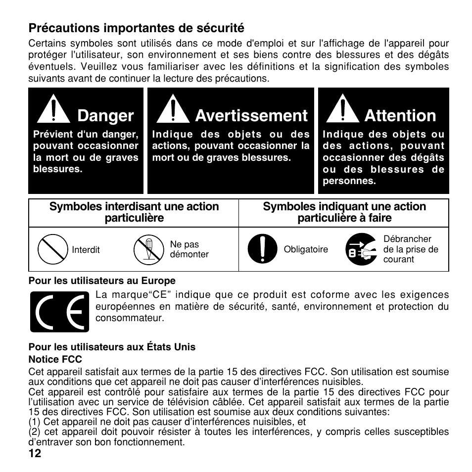 Danger, Avertissement, Attention | Olympus CAMEDIA BU-200 User Manual | Page 12 / 52