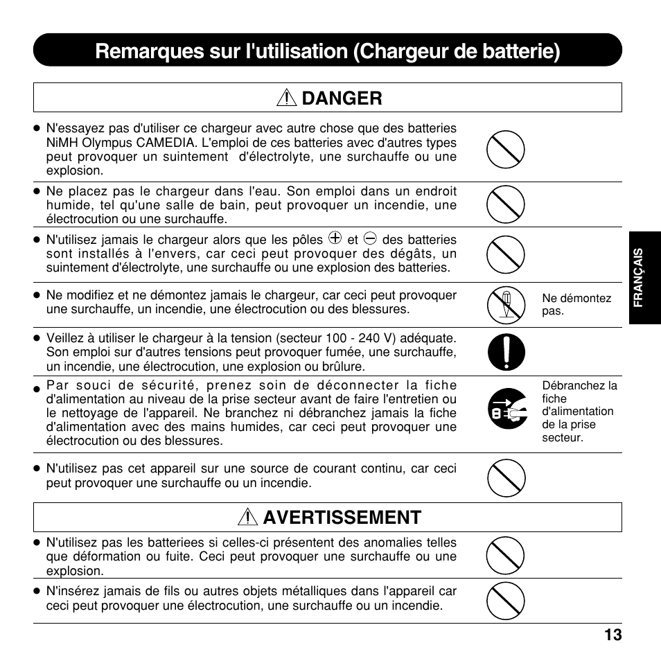 Remarques sur l'utilisation (chargeur de batterie), Danger, Avertissement | Olympus CAMEDIA BU-200 User Manual | Page 13 / 52