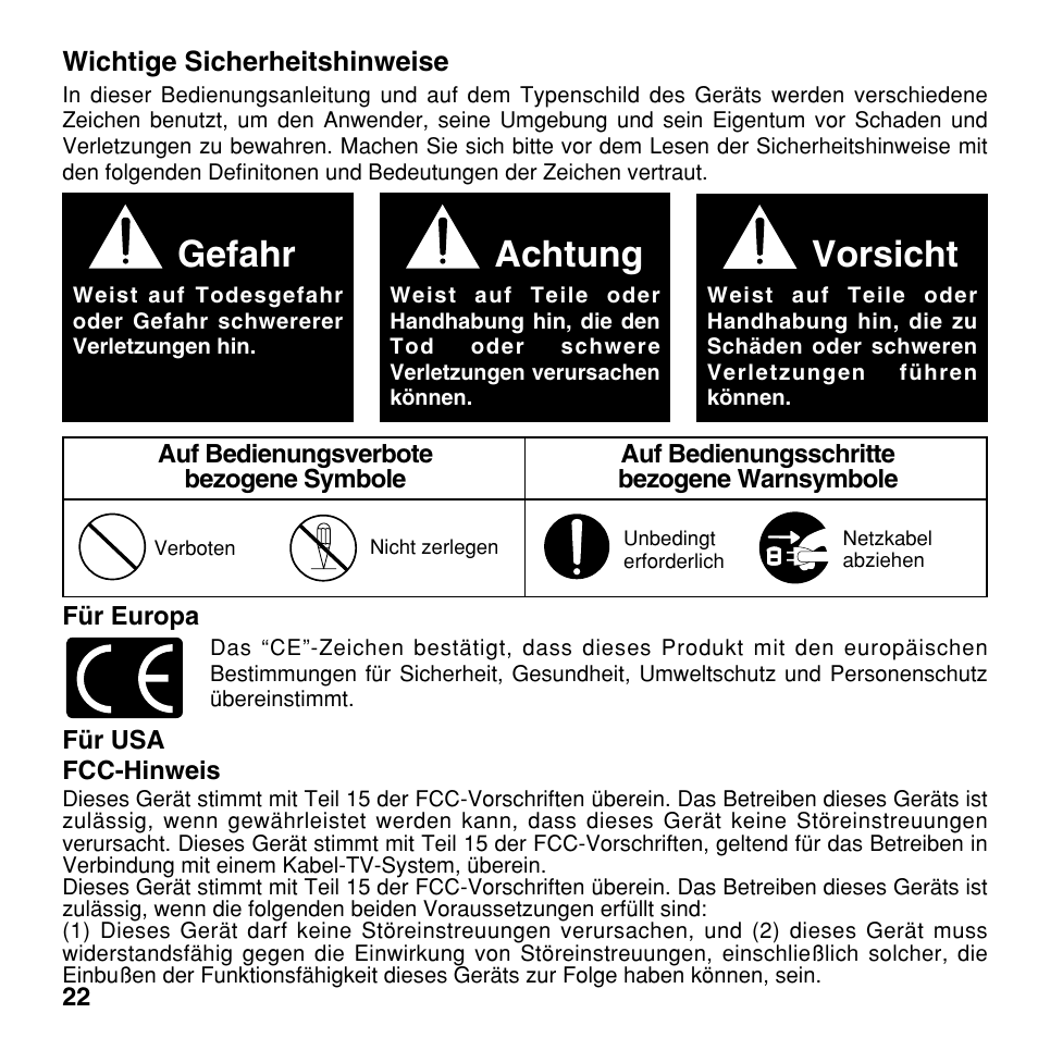 Gefahr, Achtung, Vorsicht | Olympus CAMEDIA BU-200 User Manual | Page 22 / 52