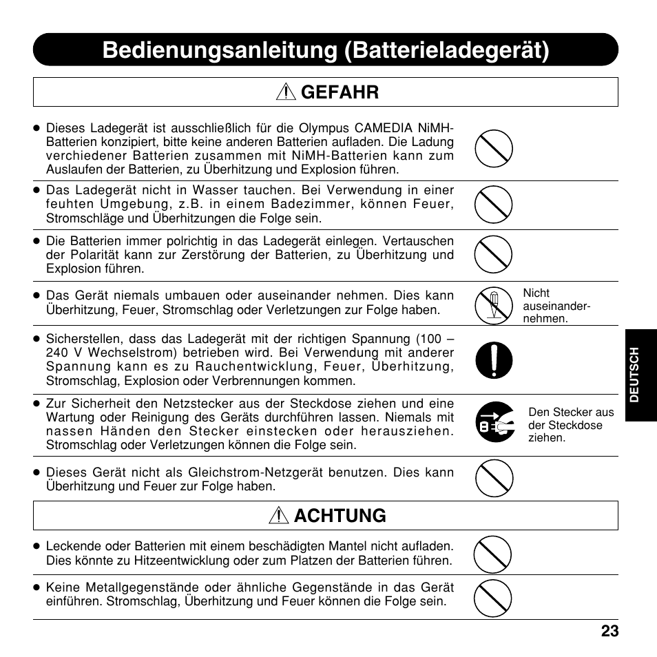 Bedienungsanleitung (batterieladegerät), Gefahr, Achtung | Olympus CAMEDIA BU-200 User Manual | Page 23 / 52