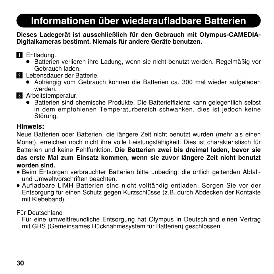 Informationen über wiederaufladbare batterien | Olympus CAMEDIA BU-200 User Manual | Page 30 / 52