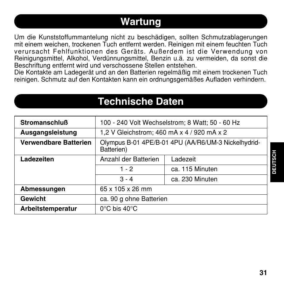 Wartung, Technische daten | Olympus CAMEDIA BU-200 User Manual | Page 31 / 52