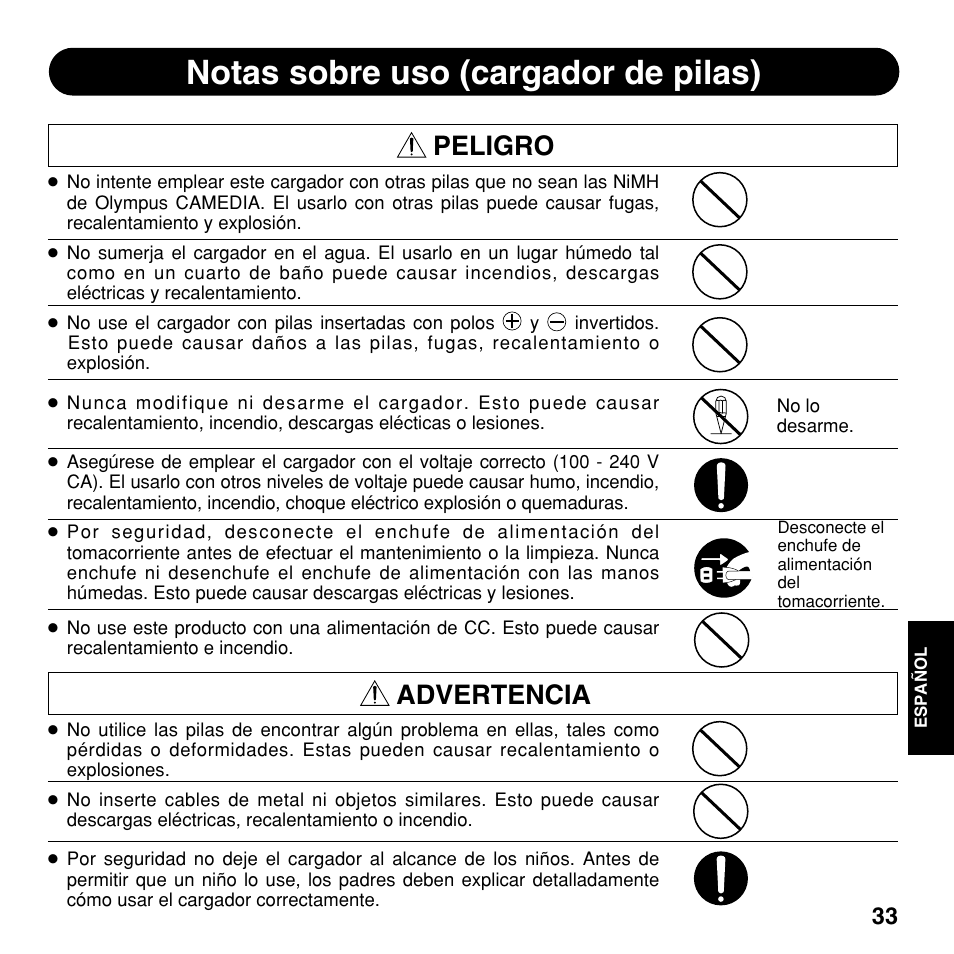 Notas sobre uso (cargador de pilas), Peligro, Advertencia | Olympus CAMEDIA BU-200 User Manual | Page 33 / 52