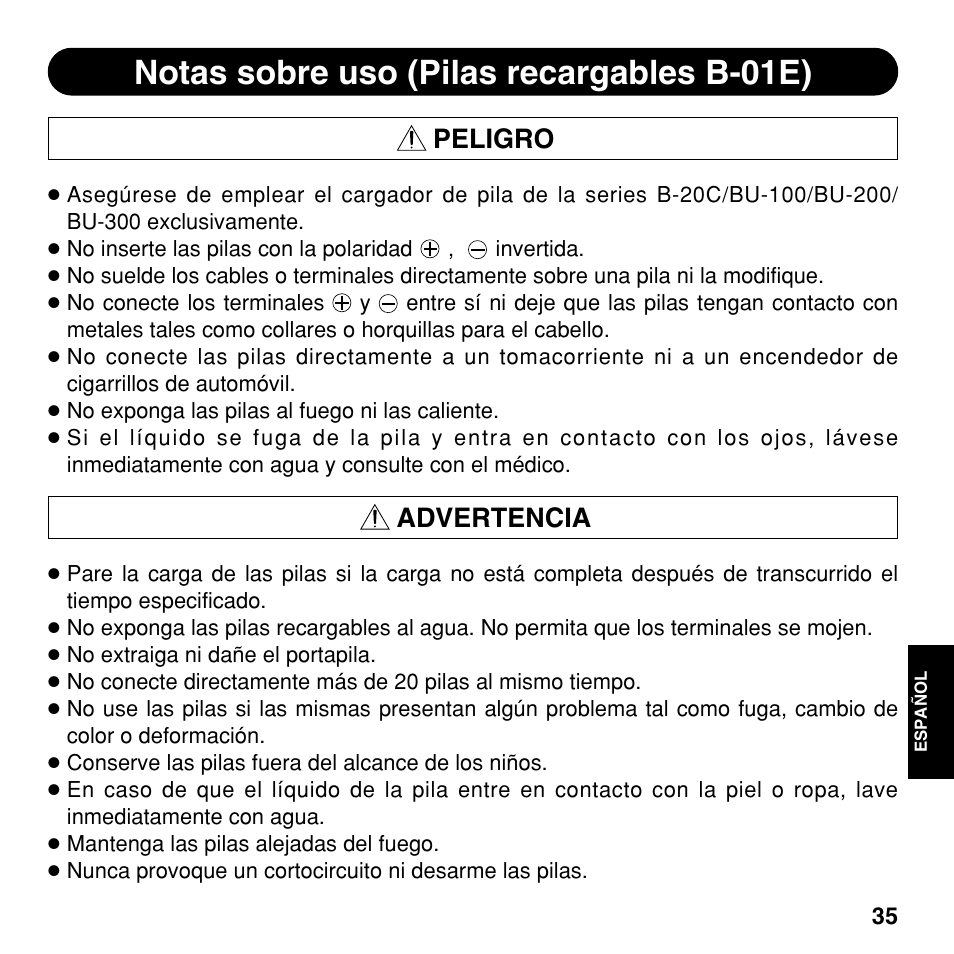 Notas sobre uso (pilas recargables b-01e), Peligro, Advertencia | Olympus CAMEDIA BU-200 User Manual | Page 35 / 52