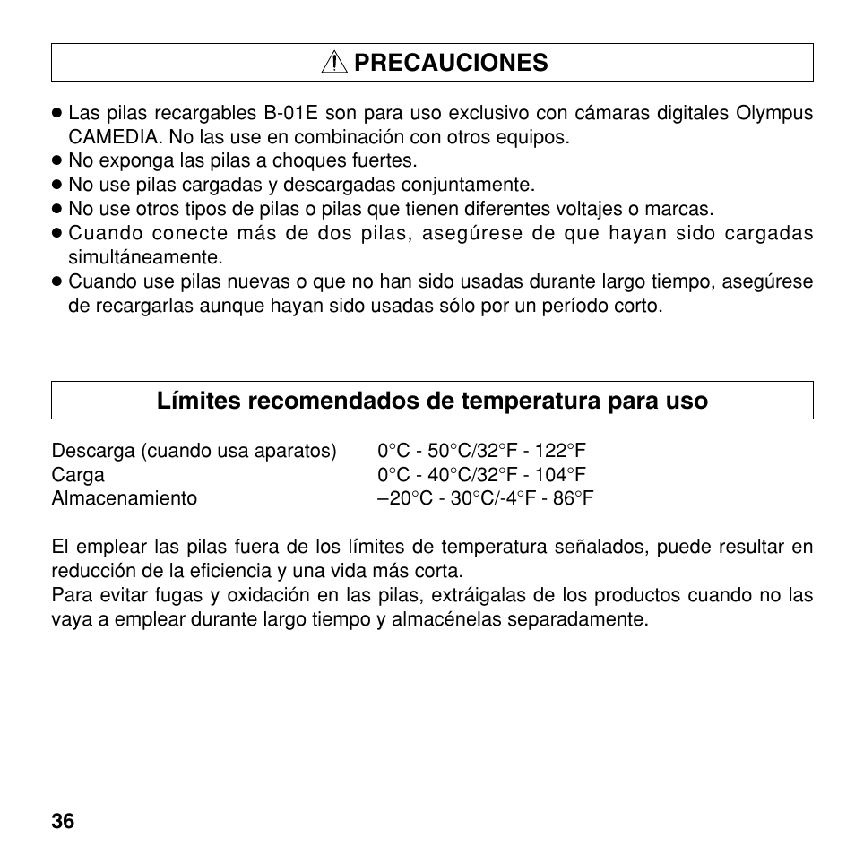 Precauciones, Límites recomendados de temperatura para uso | Olympus CAMEDIA BU-200 User Manual | Page 36 / 52