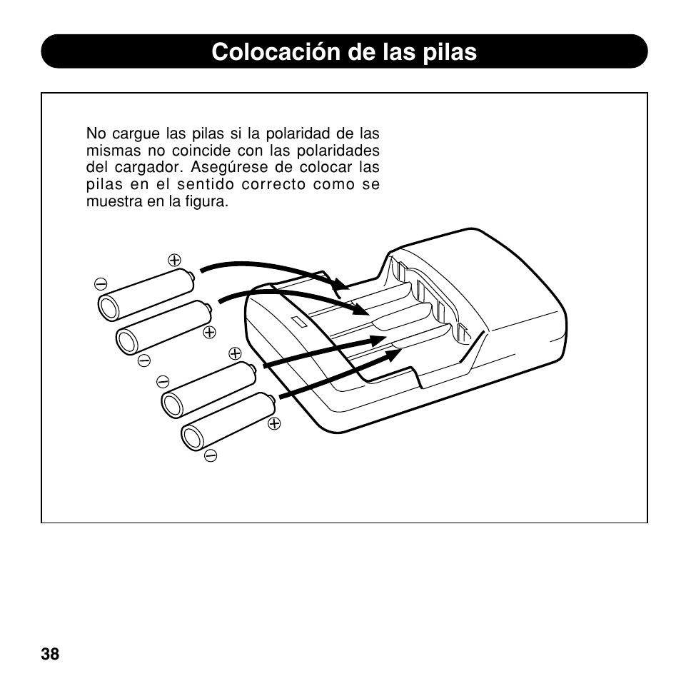 Colocación de las pilas | Olympus CAMEDIA BU-200 User Manual | Page 38 / 52