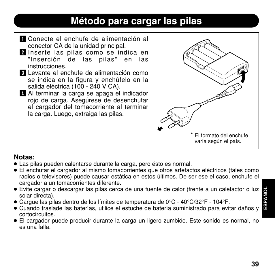 Método para cargar las pilas | Olympus CAMEDIA BU-200 User Manual | Page 39 / 52