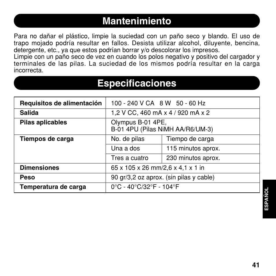 Mantenimiento, Especificaciones | Olympus CAMEDIA BU-200 User Manual | Page 41 / 52
