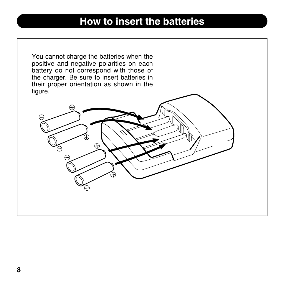 How to insert the batteries | Olympus CAMEDIA BU-200 User Manual | Page 8 / 52