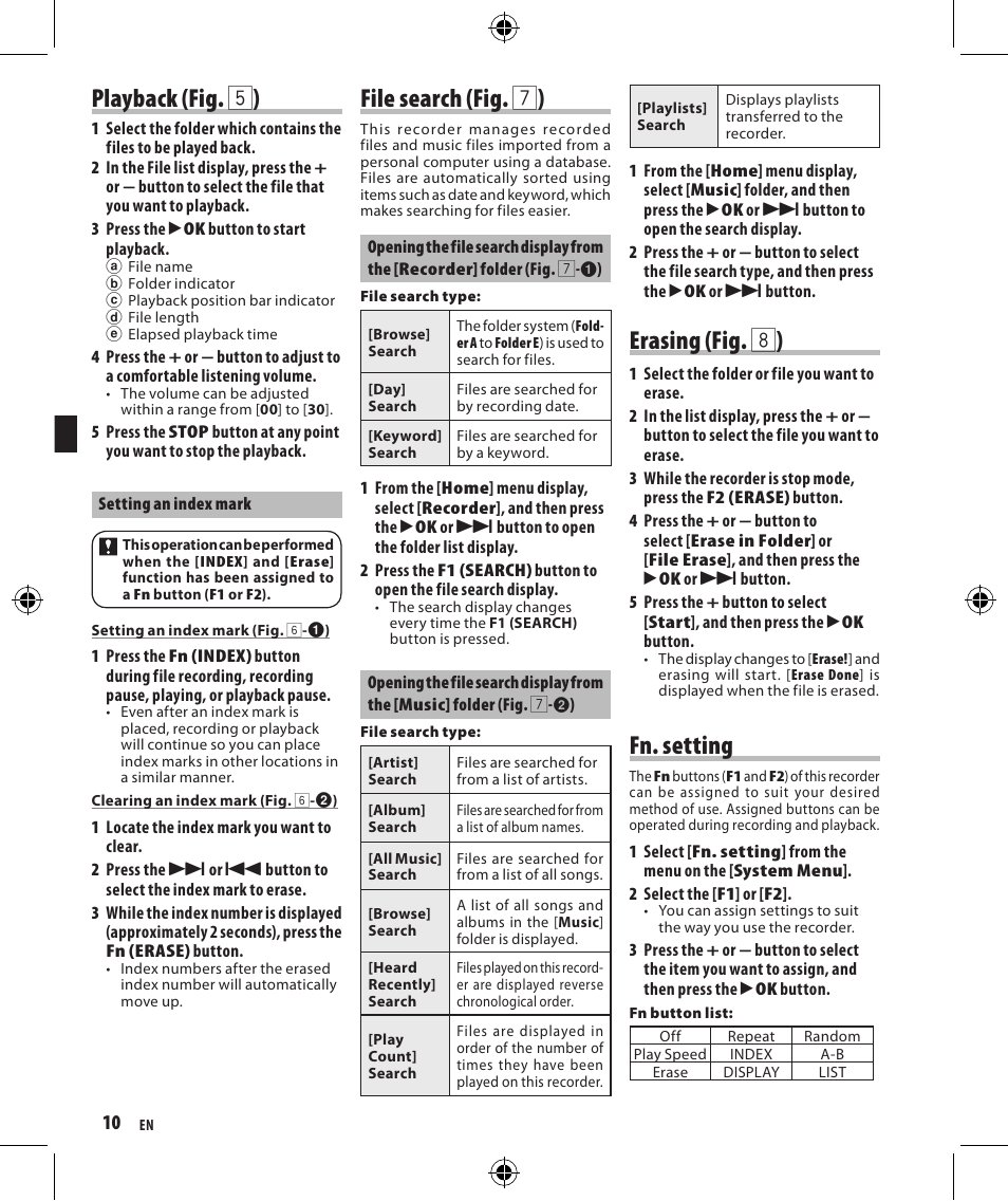 Playback (fig. 5 ), Erasing (fig. 8 ), File search (fig. 7 ) | Fn. setting | Olympus DM-4 User Manual | Page 10 / 32