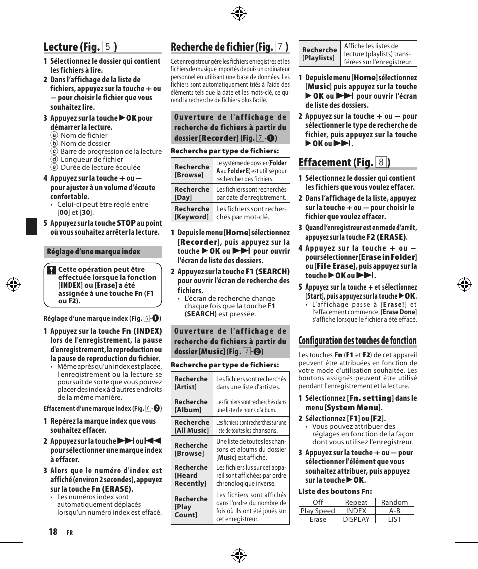 Lecture (fig. 5 ), Effacement (fig. 8 ), Recherche de fichier (fig. 7 ) | Configuration des touches de fonction | Olympus DM-4 User Manual | Page 18 / 32