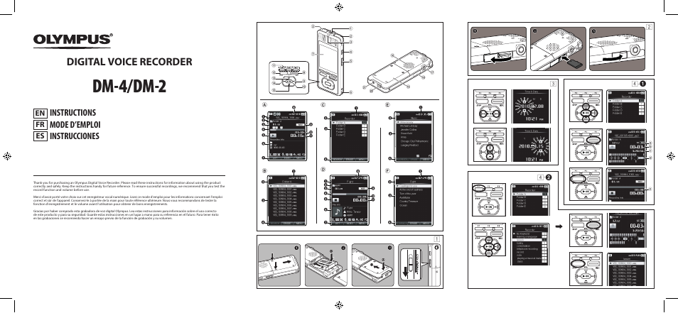 Dm-4/dm-2, Digital voice recorder, Instructions instrucciones mode d’emploi | En es fr | Olympus DM-4 User Manual | Page 2 / 32