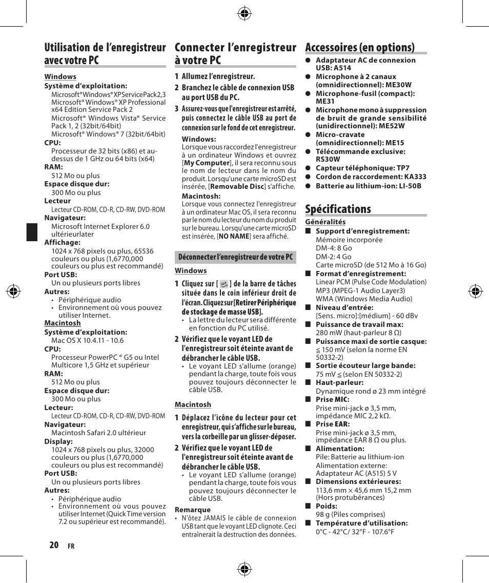 Utilisation de l’enregistreur avec votre pc, Connecter l’enregistreur à votre pc, Accessoires (en options) | Spécifications | Olympus DM-4 User Manual | Page 20 / 32