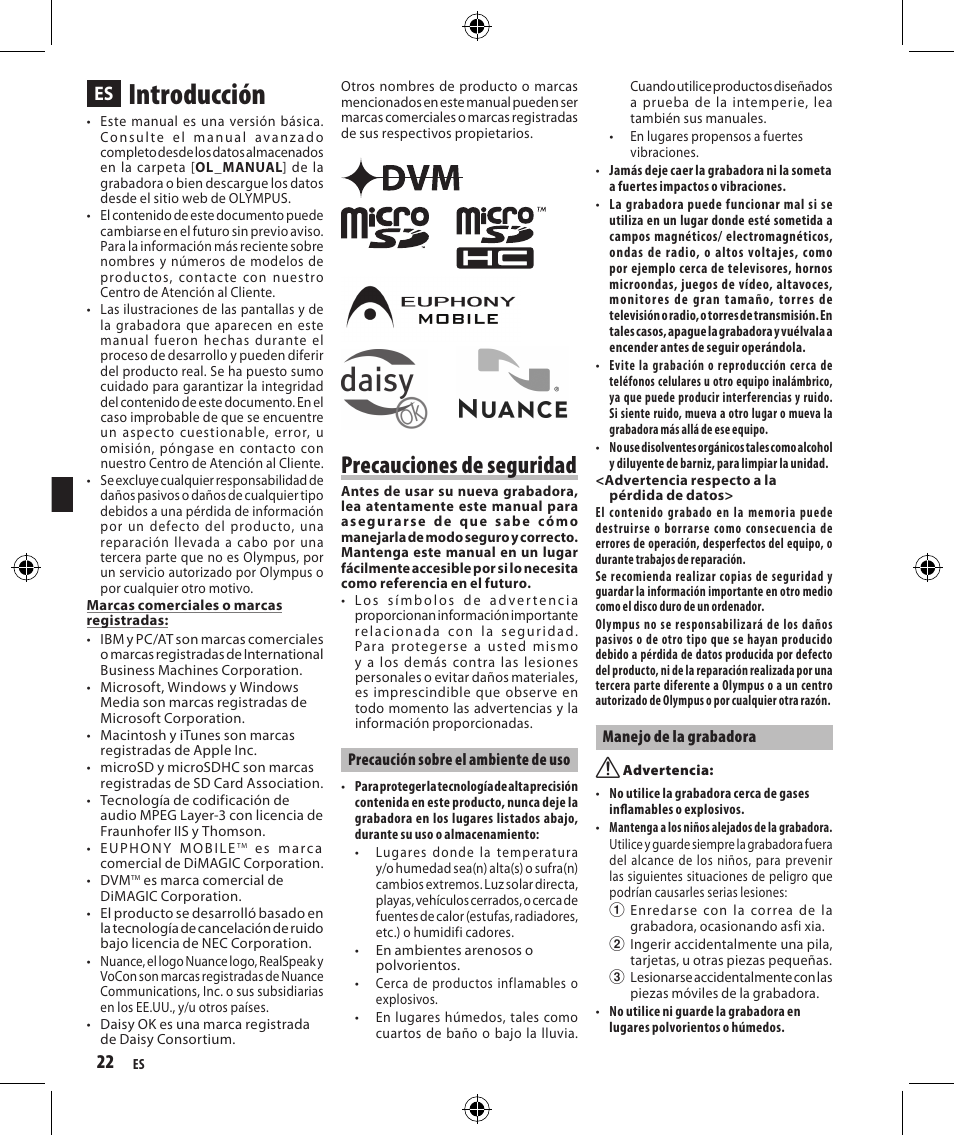 Introducción, Precauciones de seguridad | Olympus DM-4 User Manual | Page 22 / 32