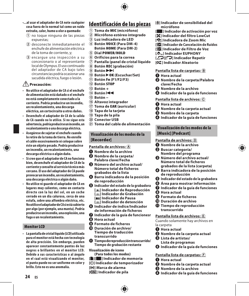 Identificación de las piezas | Olympus DM-4 User Manual | Page 24 / 32