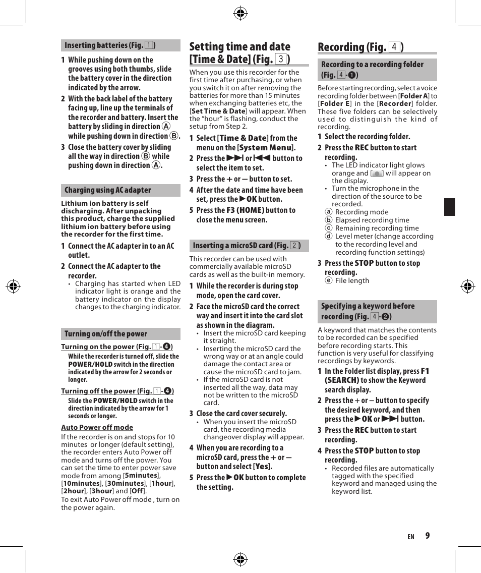 Setting time and date [time & date] (fig. 3 ), Recording (fig. 4 ) | Olympus DM-4 User Manual | Page 9 / 32