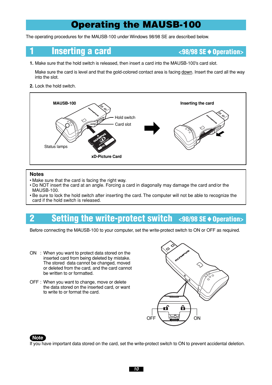 1inserting a card, Operating the mausb-100, 2setting the write-protect switch | 98/98 se ࡗ operation | Olympus MAUSB-100 User Manual | Page 10 / 47