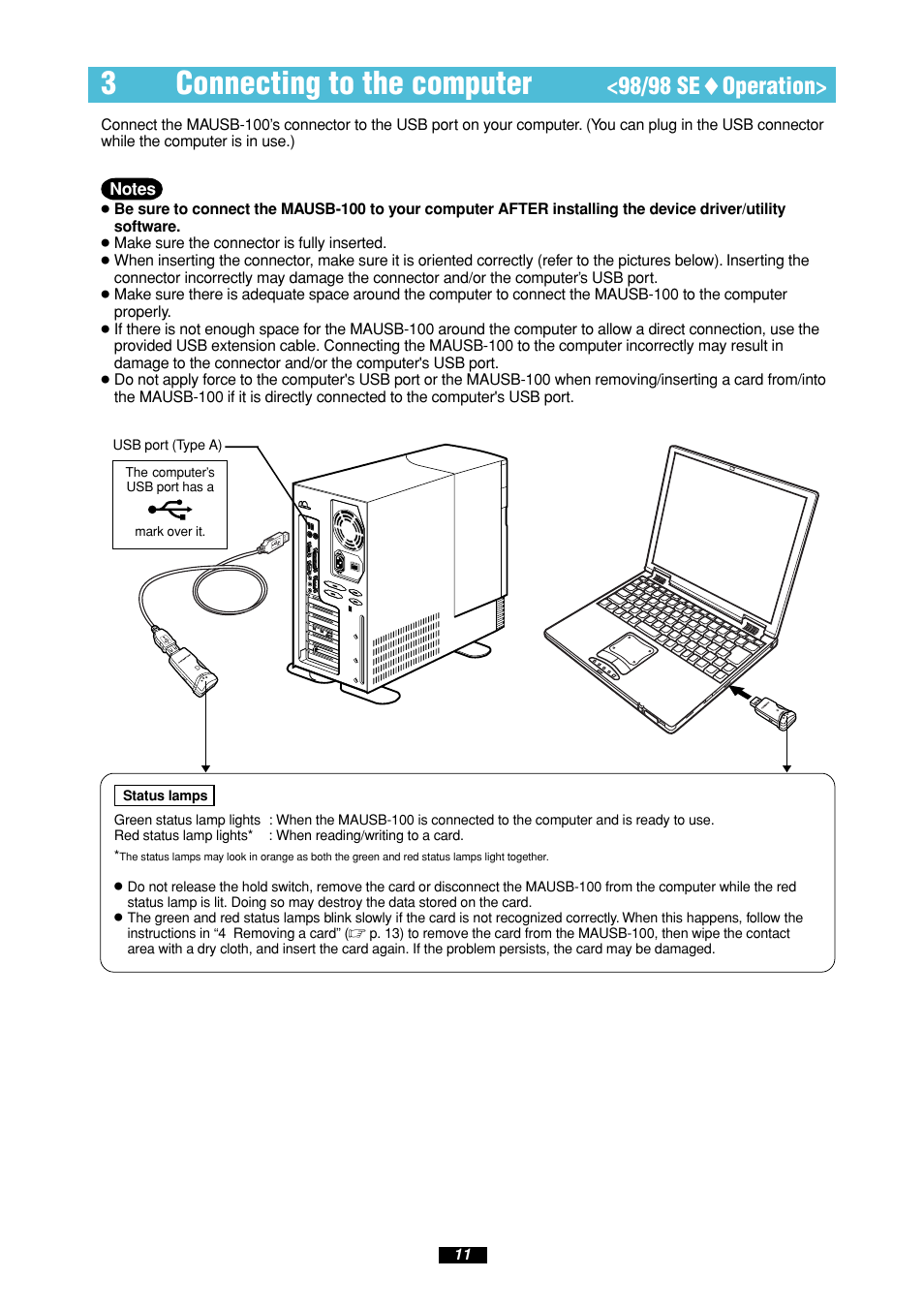 3connecting to the computer, 98/98 se ࡗ operation | Olympus MAUSB-100 User Manual | Page 11 / 47