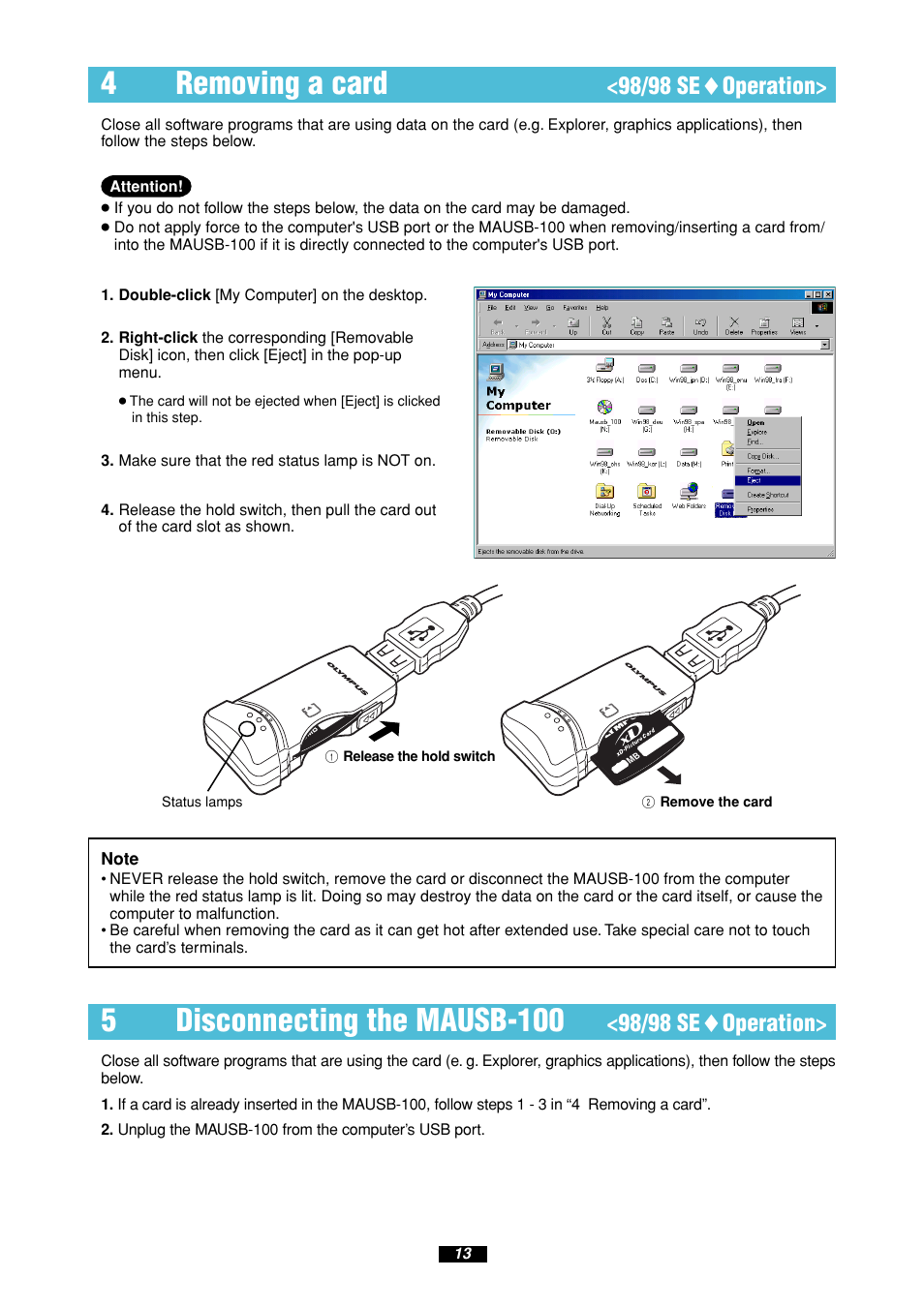 4removing a card, 5disconnecting the mausb-100, 98/98 se ࡗ operation | Olympus MAUSB-100 User Manual | Page 13 / 47
