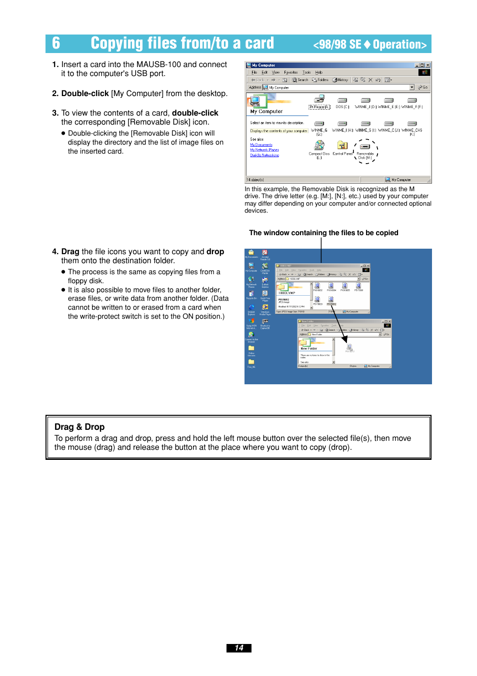 6copying files from/to a card, 98/98 se ࡗ operation | Olympus MAUSB-100 User Manual | Page 14 / 47
